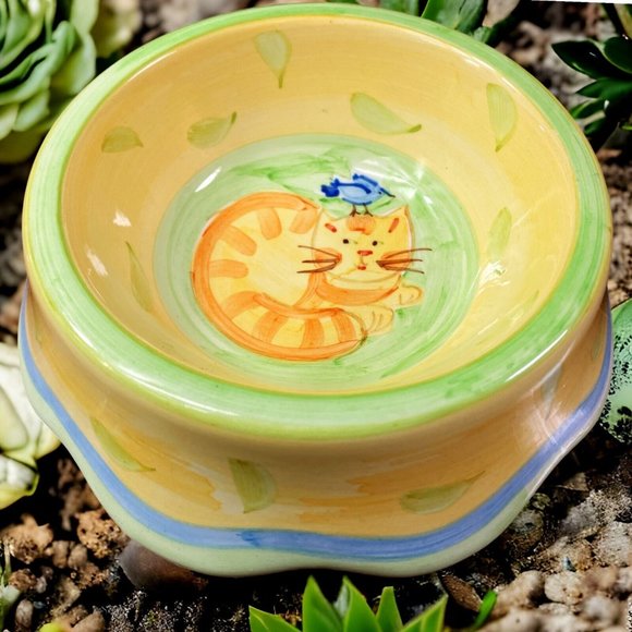 VTG Ceramic Kitty Cat Feeding Bowl/Dish Hand Painted Tabby & Bird Super Cute - Picture 1 of 8